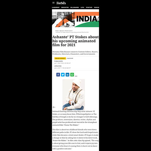 Image link to article on Forbes India - Ashante' PT Stokes about his upcoming animated film for 2021