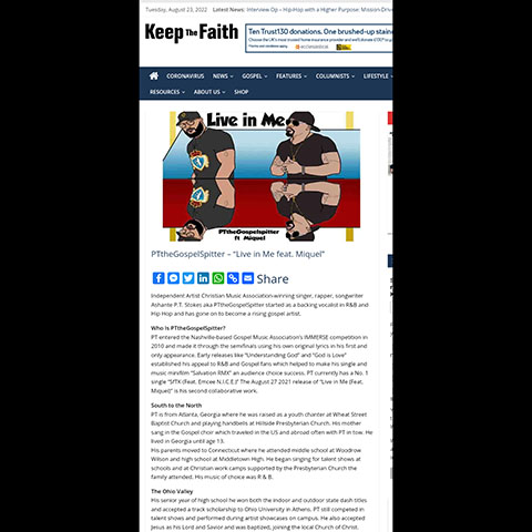 Image link to article on Keep The Faith - PTtheGospelSpitter - "Live in Me Feat. Miquel"