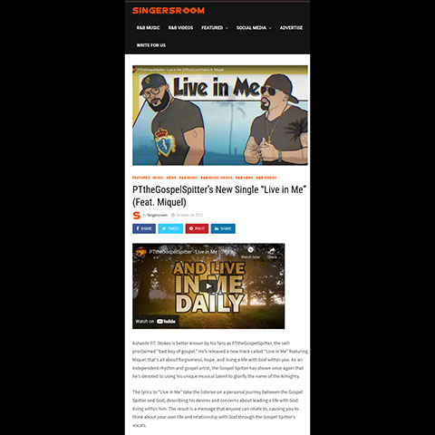 Image link to article on Singers Room - PTtheGospelSpitter's New Single "Live in Me" (Feat. Miquel)