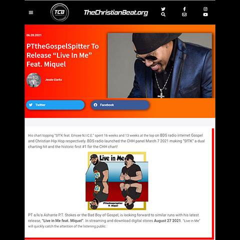 Image link to article on The Christian Beat - PTtheGospelSpitter To Release "Live in Me" Feat. Miquel
