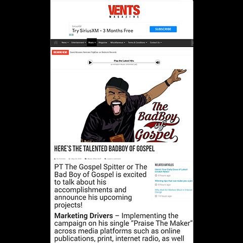 Image link to article on Vents Magazine - HERE'S THE TALENTED BADBOY OF GOSPEL